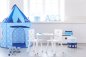 Preview: Kinderzelt in hellblaun mit weißen Sternen und dunkelblauen Nähten im Kinderzimmer
